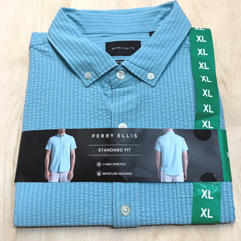 Perry Ellis Mens XL Blue Seersucker Short Sleeve Casual Button Down Shirt NEW